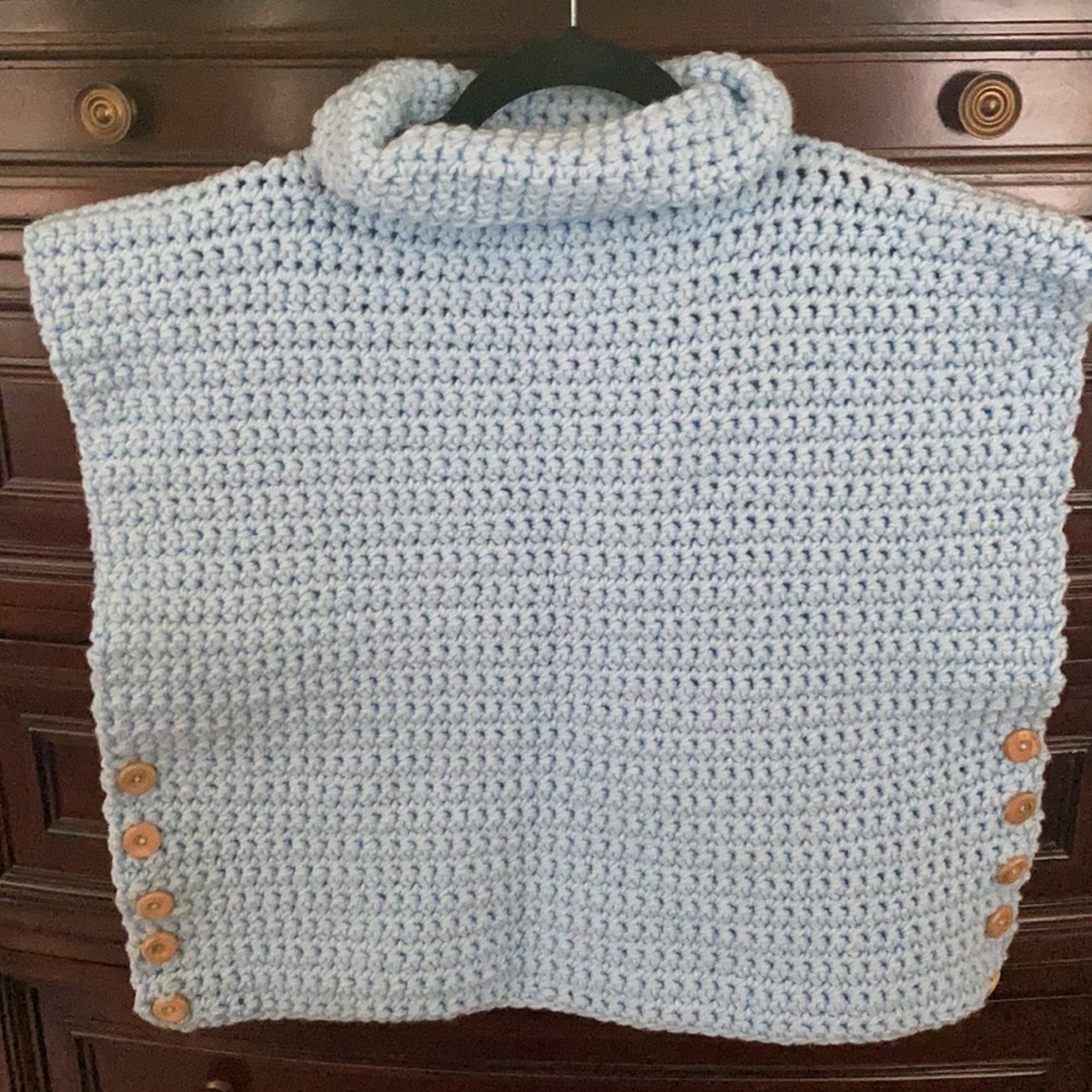 Custom Hand Knit Sweater Poncho Light Blue